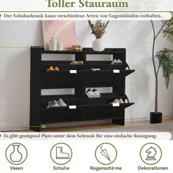 Meuble à Chaussures Noir avec 4 Compartiments Abattants et Étagère Ouverte, Meuble d'Entrée pour Couloir ou Entrée - 110x24x90 cm