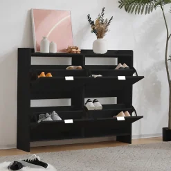 Meuble à Chaussures Noir avec 4 Compartiments Abattants et Étagère Ouverte, Meuble d'Entrée pour Couloir ou Entrée - 110x24x90 cm