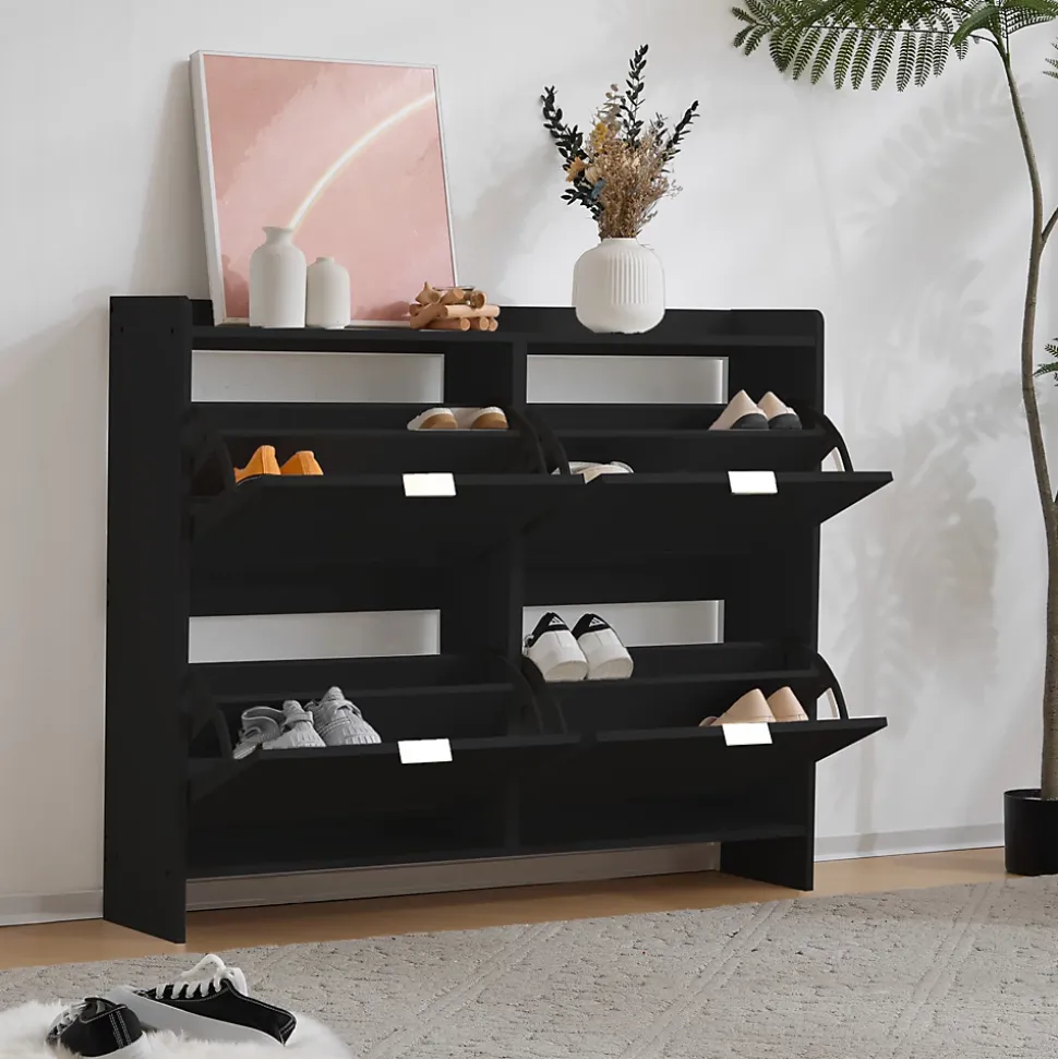 Meuble à Chaussures Noir avec 4 Compartiments Abattants et Étagère Ouverte, Meuble d'Entrée pour Couloir ou Entrée - 110x24x90 cm