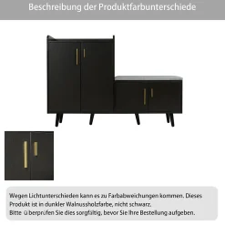 Meuble à chaussures noir avec 4 portes, poignées métalliques asymétriques, panneaux particules + métal, 120x34x82,8 cm