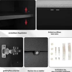 Meuble à chaussures noir avec 4 portes, poignées métalliques asymétriques, panneaux particules + métal, 120x34x82,8 cm
