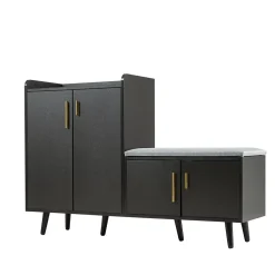 Meuble à chaussures noir avec 4 portes, poignées métalliques asymétriques, panneaux particules + métal, 120x34x82,8 cm