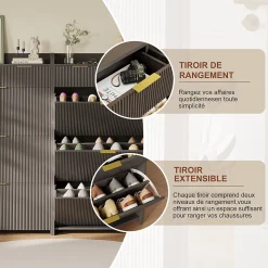 Meuble à chaussures noir moderne avec étagère supérieure et rangement compartimenté, 1 tiroirs, bacs pratiques