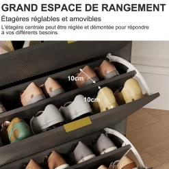 Meuble à chaussures noir moderne avec étagère supérieure et rangement compartimenté, 1 tiroirs, bacs pratiques