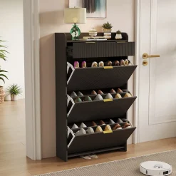 Meuble à chaussures noir moderne avec étagère supérieure et rangement compartimenté, 1 tiroirs, bacs pratiques