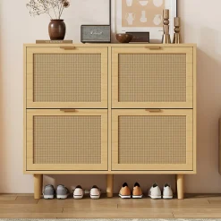 Meuble à Chaussures Pliant Avec Tiroirs Basculants, Design Pratique En Bois Clair, Poignées Métal, Chêne Clair