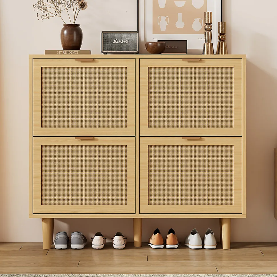 Meuble à Chaussures Pliant Avec Tiroirs Basculants, Design Pratique En Bois Clair, Poignées Métal, Chêne Clair