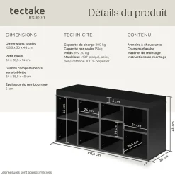 Meuble à chaussures Pour 10 paires avec Coussin de siège amovible noir