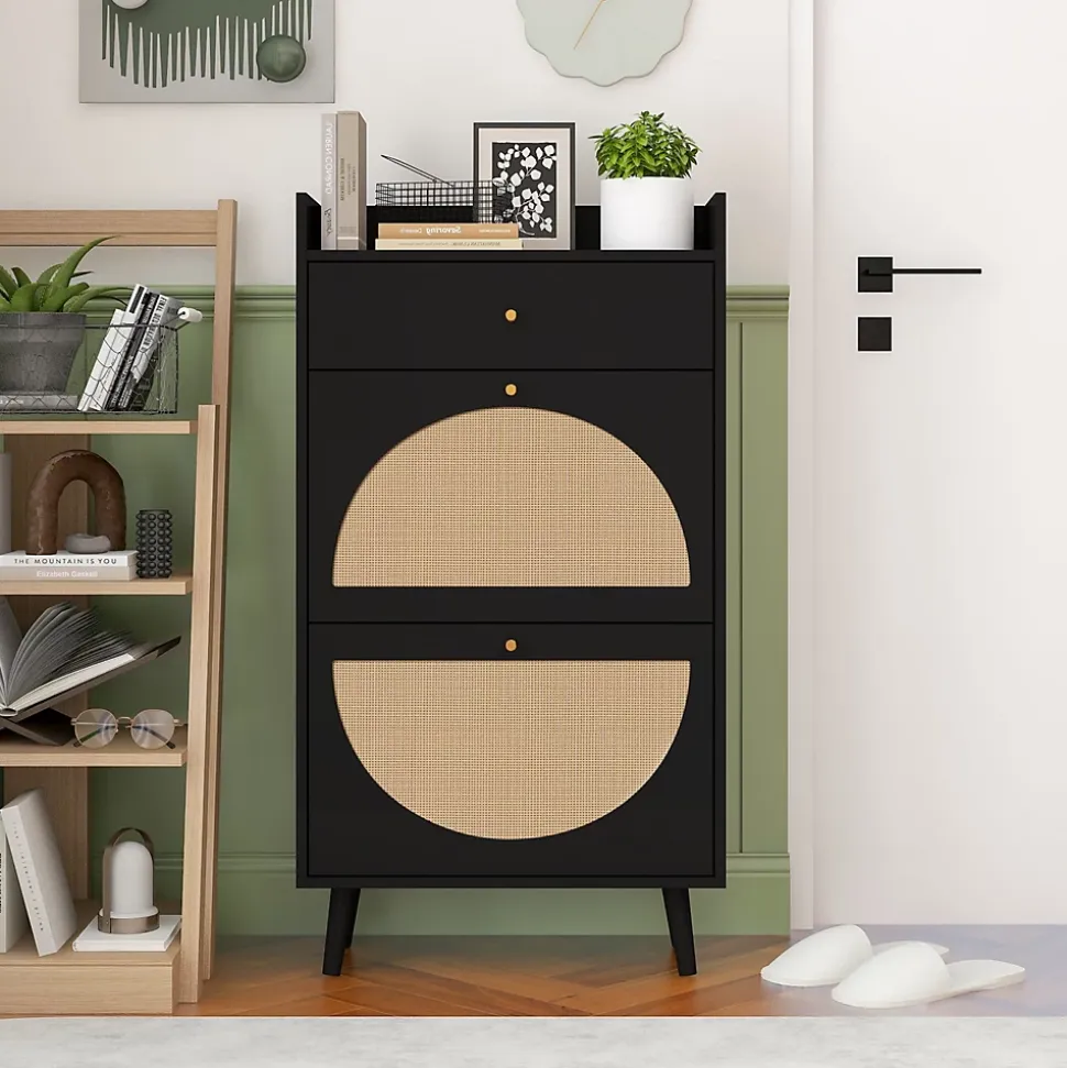 Meuble à Chaussures Rotin avec 2 Portes et 1 Tiroir, 2 Étagère et Portes demi-Circulaires Interchangeables, Noir, 60x24x110 cm
