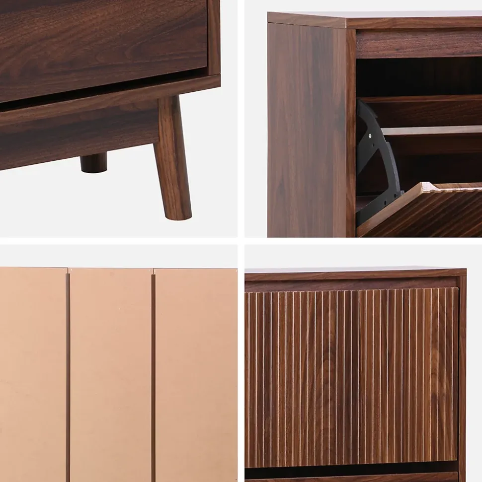 Meuble à chaussures scandinave décor bois noyer 3 portes abattantes capacité 18 paires de chaussures