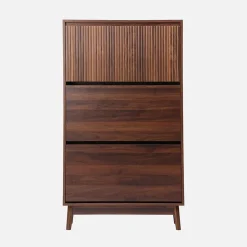 Meuble à chaussures scandinave décor bois noyer 3 portes abattantes capacité 18 paires de chaussures