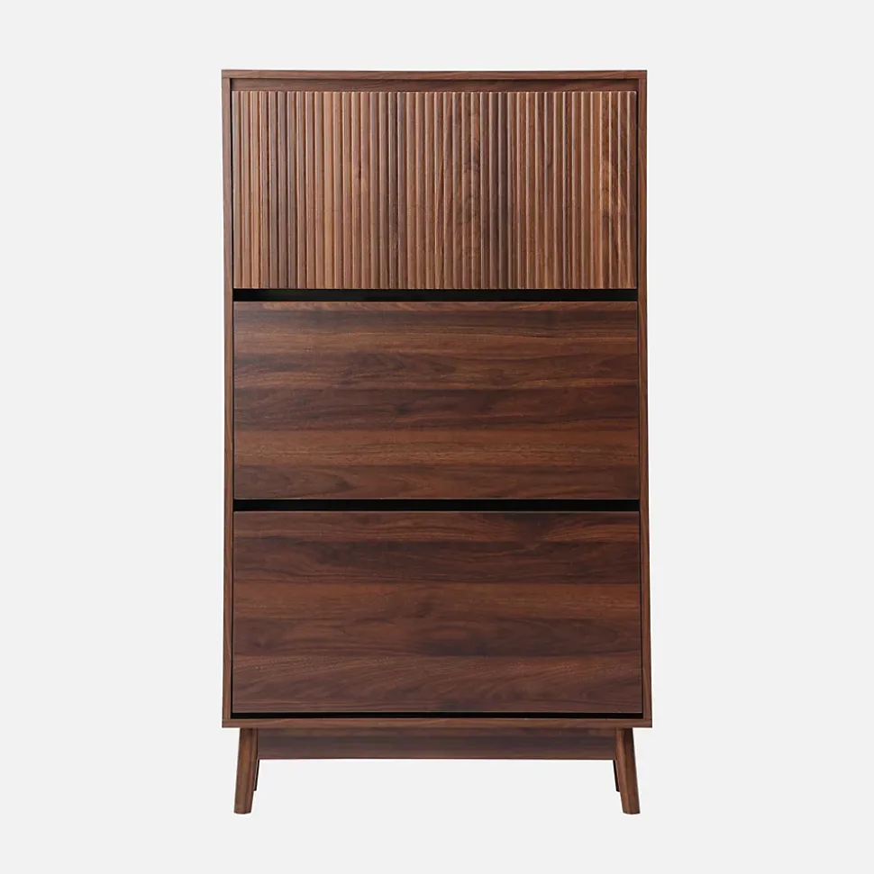 Meuble à chaussures scandinave décor bois noyer 3 portes abattantes capacité 18 paires de chaussures