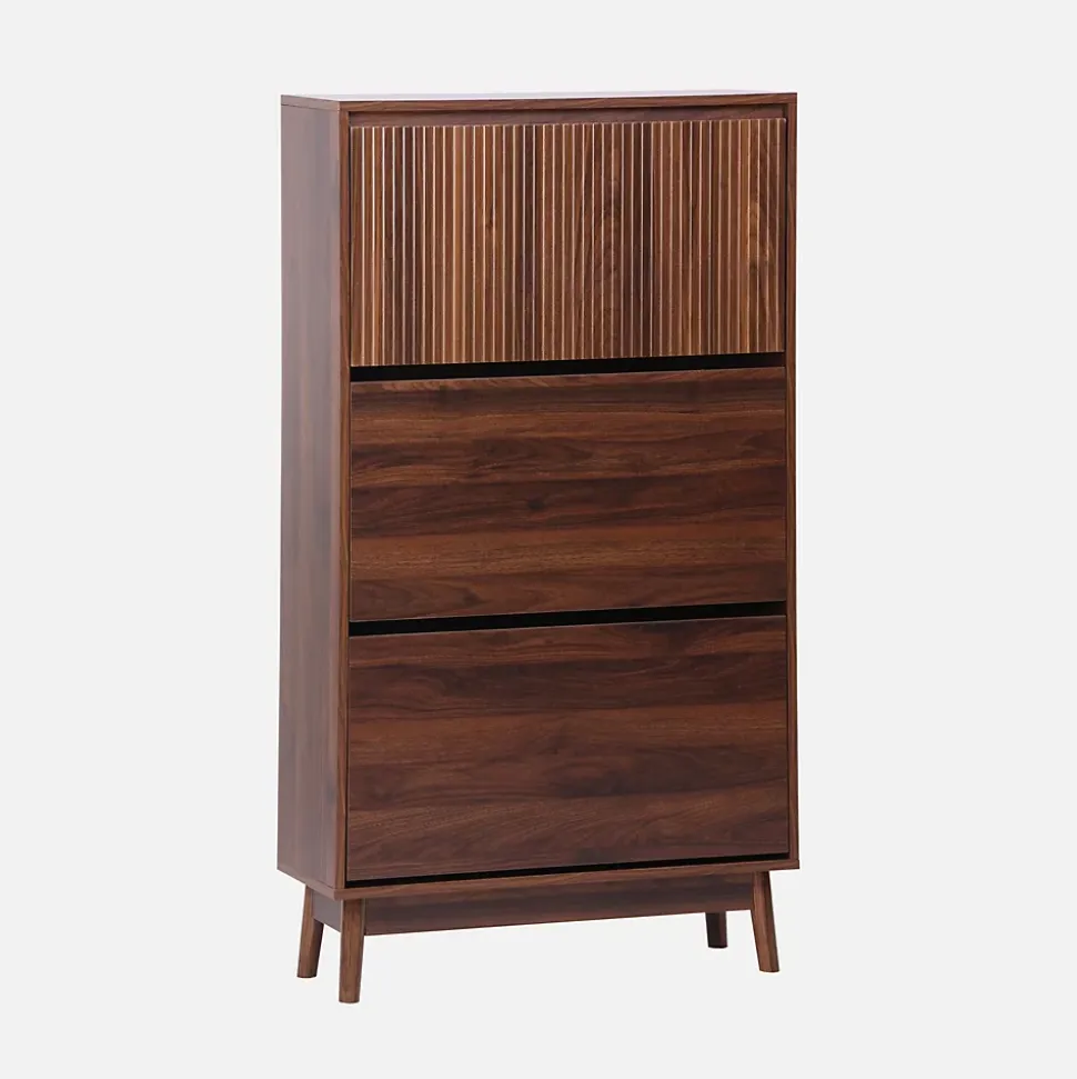 Meuble à chaussures scandinave décor bois noyer 3 portes abattantes capacité 18 paires de chaussures