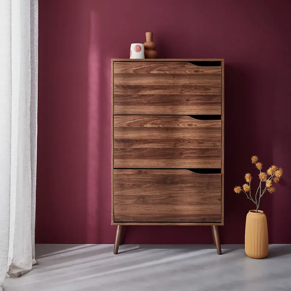 Meuble à chaussures scandinave décor noyer 3 portes abattantes capacité 18 paires de chaussures
