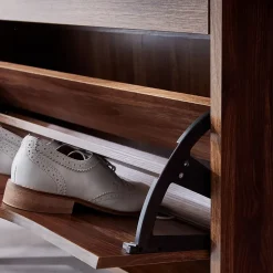 Meuble à chaussures scandinave décor noyer 3 portes abattantes capacité 18 paires de chaussures