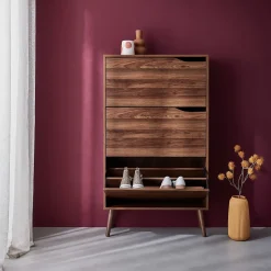 Meuble à chaussures scandinave décor noyer 3 portes abattantes capacité 18 paires de chaussures