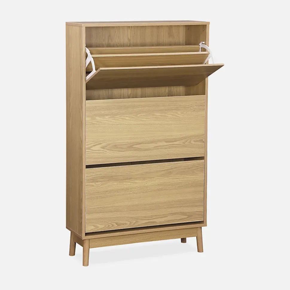 Meuble à chaussures scandinave décor bois 3 portes abattantes capacité 18 paires de chaussures