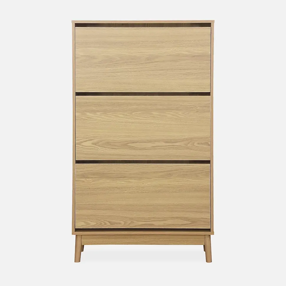 Meuble à chaussures scandinave décor bois 3 portes abattantes capacité 18 paires de chaussures