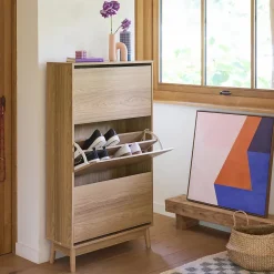Meuble à chaussures scandinave décor bois 3 portes abattantes capacité 18 paires de chaussures