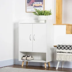 Meuble à chaussures scandinave placard 2 portes 4 étagères pieds effilés inclinés bois panneaux particules blanc
