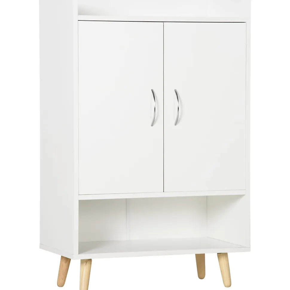 Meuble à chaussures scandinave placard 2 portes 4 étagères pieds effilés inclinés bois panneaux particules blanc