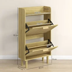 Meuble à chaussures style bohème chic - 2 portes abattantes, étagère - cannage rotin aspect bois clair