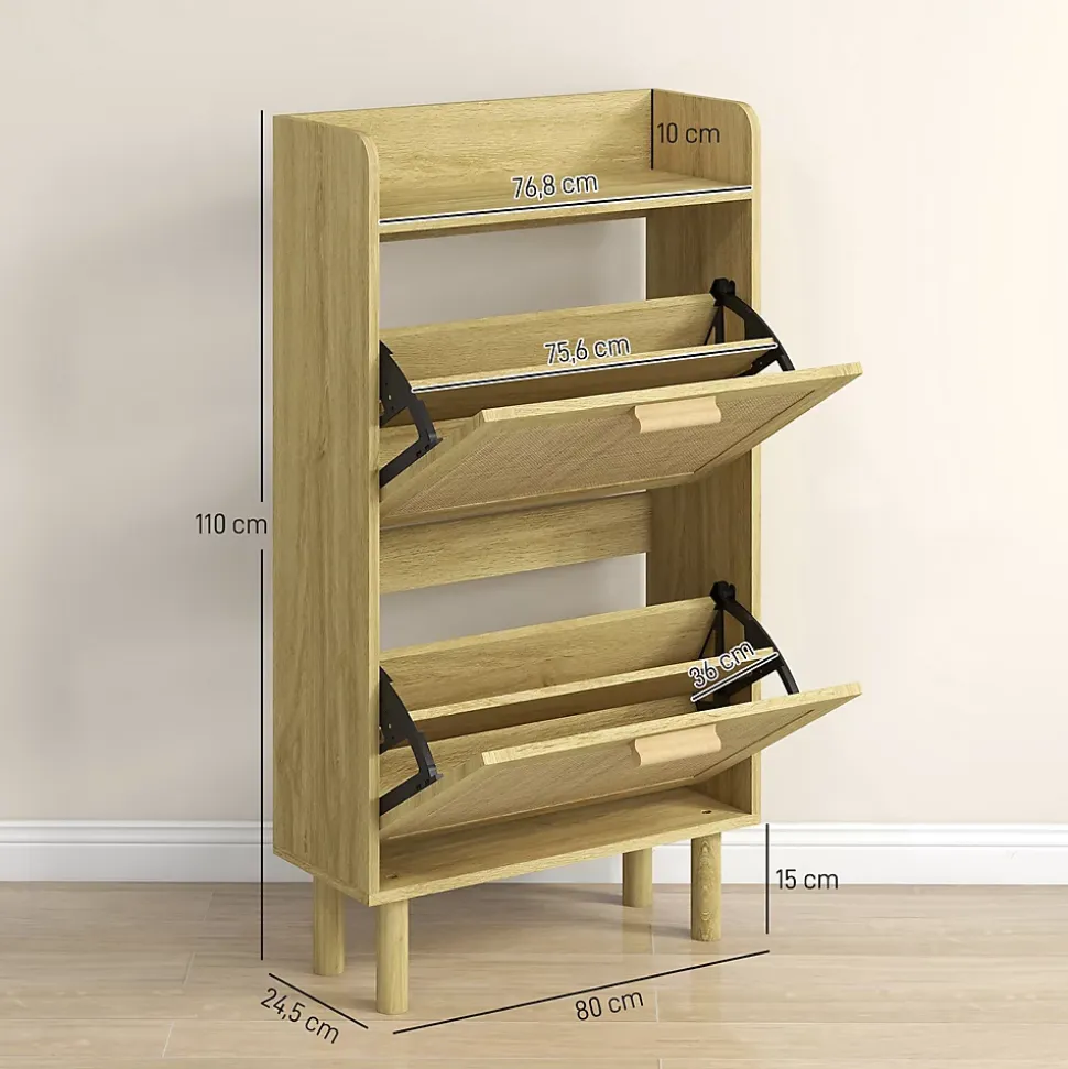 Meuble à chaussures style bohème chic - 2 portes abattantes, étagère - cannage rotin aspect bois clair
