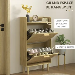 Meuble à chaussures style bohème chic - 2 portes abattantes, étagère - cannage rotin aspect bois clair