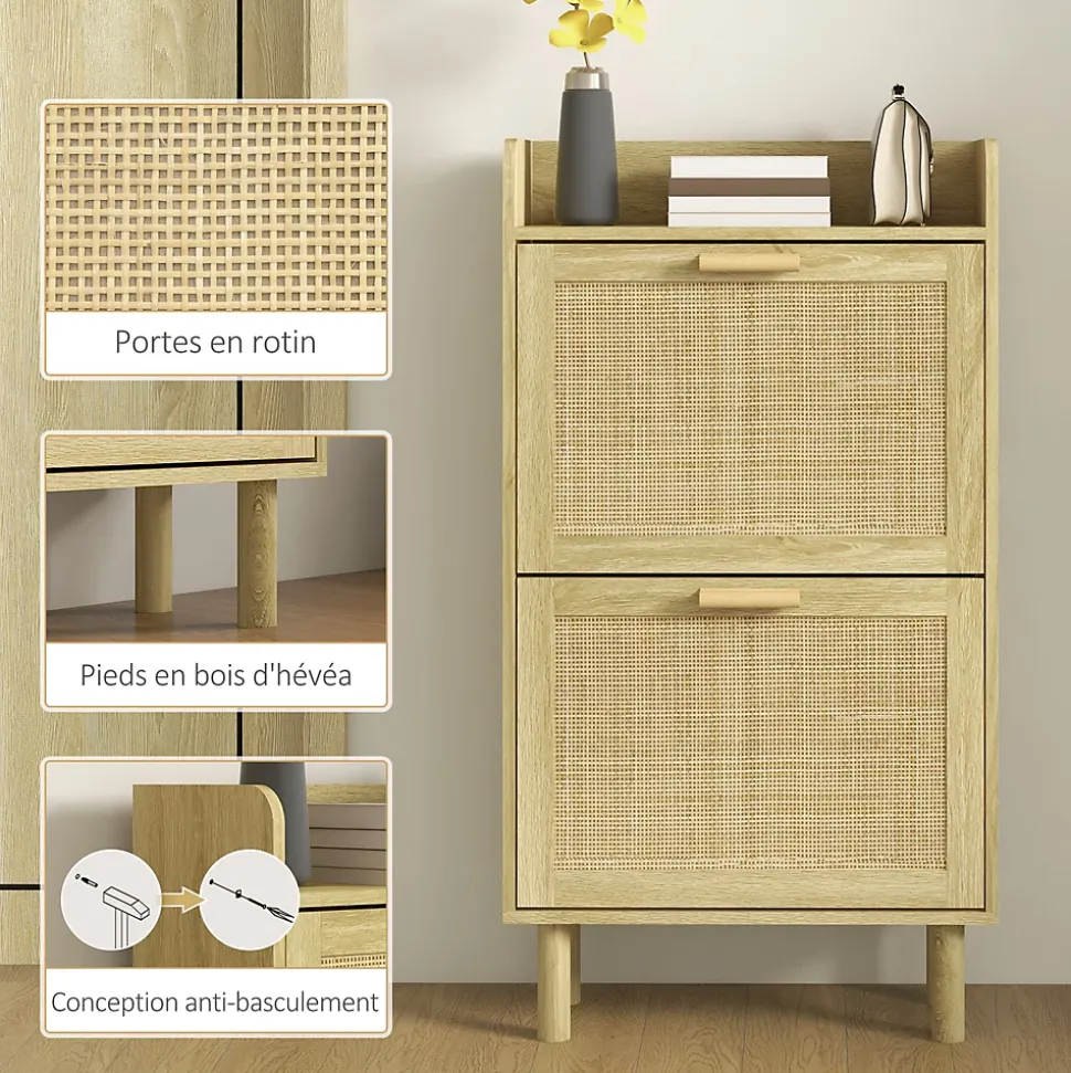 Meuble à chaussures style bohème chic - 2 portes abattantes, étagère - cannage rotin aspect bois clair