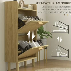 Meuble à chaussures style bohème chic - 2 portes abattantes, étagère - cannage rotin aspect bois clair