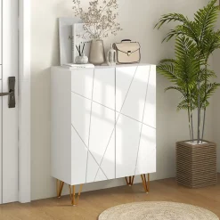 Meuble à chaussures style Art déco 2 portes 5 niveaux piètement épingle acier doré façade laquée blanc