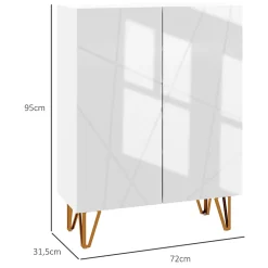 Meuble à chaussures style Art déco 2 portes 5 niveaux piètement épingle acier doré façade laquée blanc