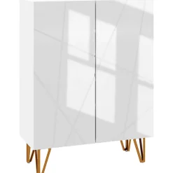 Meuble à chaussures style Art déco 2 portes 5 niveaux piètement épingle acier doré façade laquée blanc