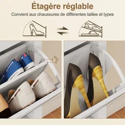 Meuble à chaussures style bohème chic 3 portes façades rotin poignées dorées effet bois clair blanc