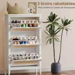 Meuble à chaussures style bohème chic 3 portes façades rotin poignées dorées effet bois clair blanc