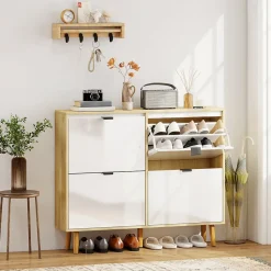 Meuble à chaussures style scandinave 4 portes étagères réglables piètement bois blanc effet bois clair