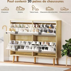 Meuble à chaussures style scandinave 4 portes étagères réglables piètement bois blanc effet bois clair