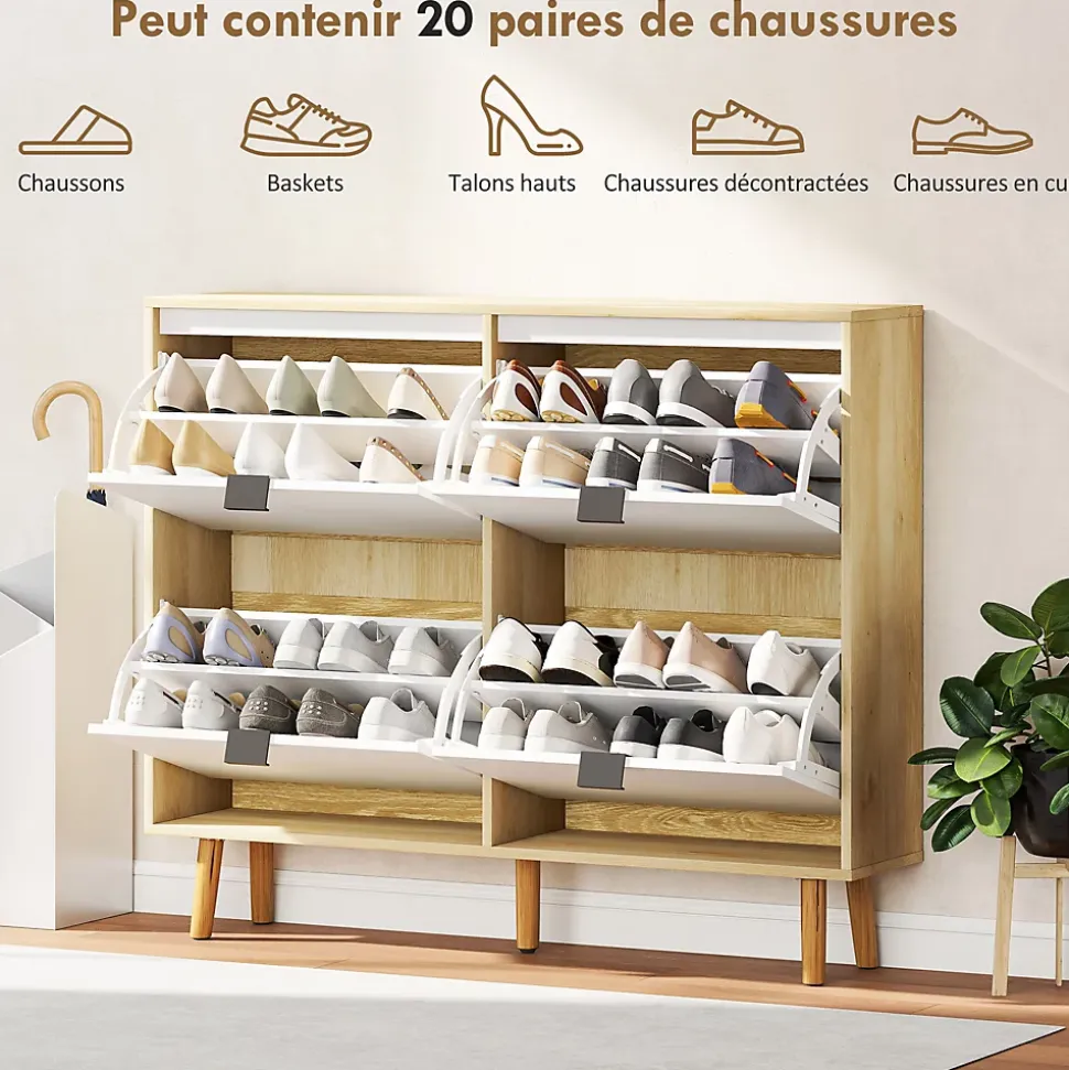 Meuble à chaussures style scandinave 4 portes étagères réglables piètement bois blanc effet bois clair