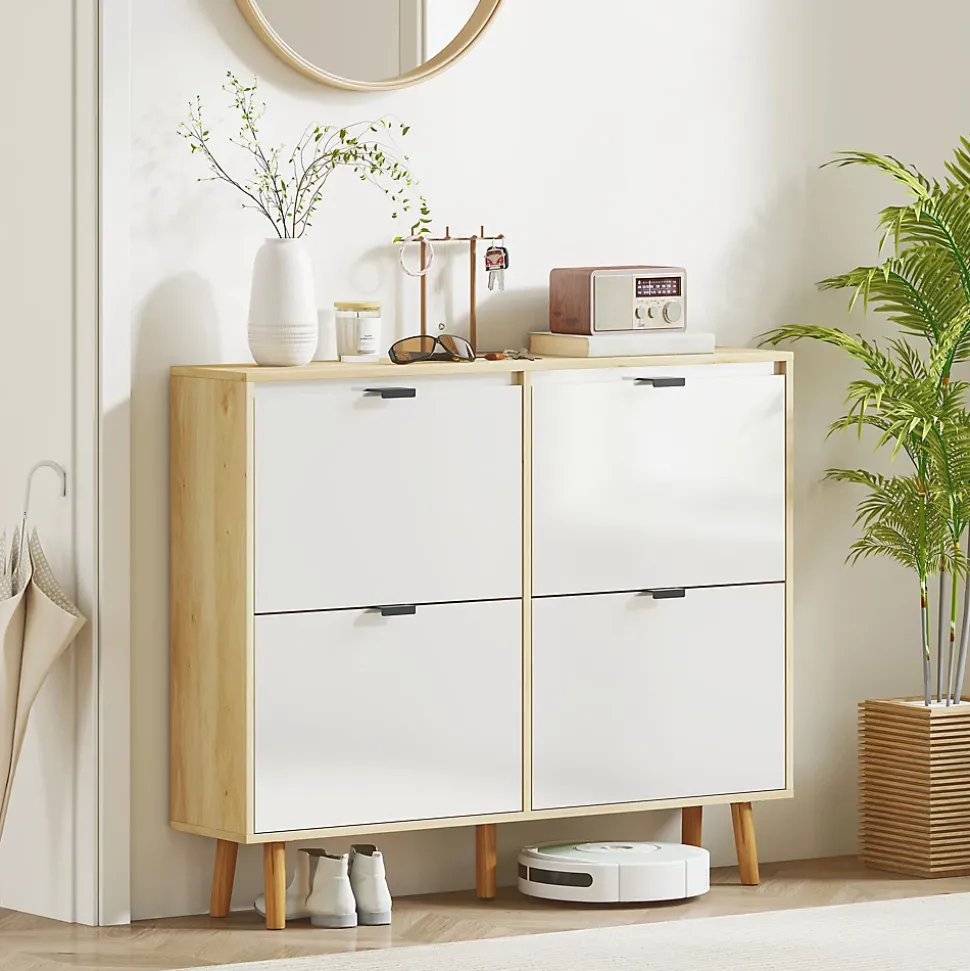 Meuble à chaussures style scandinave 4 portes étagères réglables piètement bois blanc effet bois clair