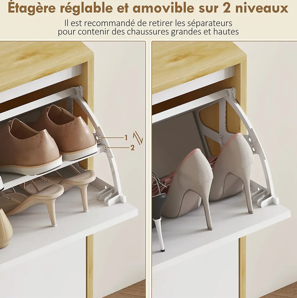 Meuble à chaussures style scandinave 4 portes étagères réglables piètement bois blanc effet bois clair