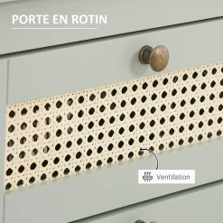 Meuble à chaussures style bohème chic - 2 portes abattantes 2 étagères réglables tiroir - MDF vert d'eau aspect rotin
