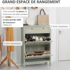 Meuble à chaussures style bohème chic - 2 portes abattantes 2 étagères réglables tiroir - MDF vert d'eau aspect rotin