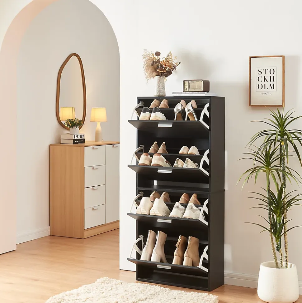 Meuble à chaussures Sykkylven à 4 abattants noir en.casa