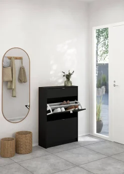 Meuble à chaussures Theophile, Meuble à chaussures, Armoire d'entrée polyvalente, Rangement pour chaussures, 70x24 h101 cm, Noir
