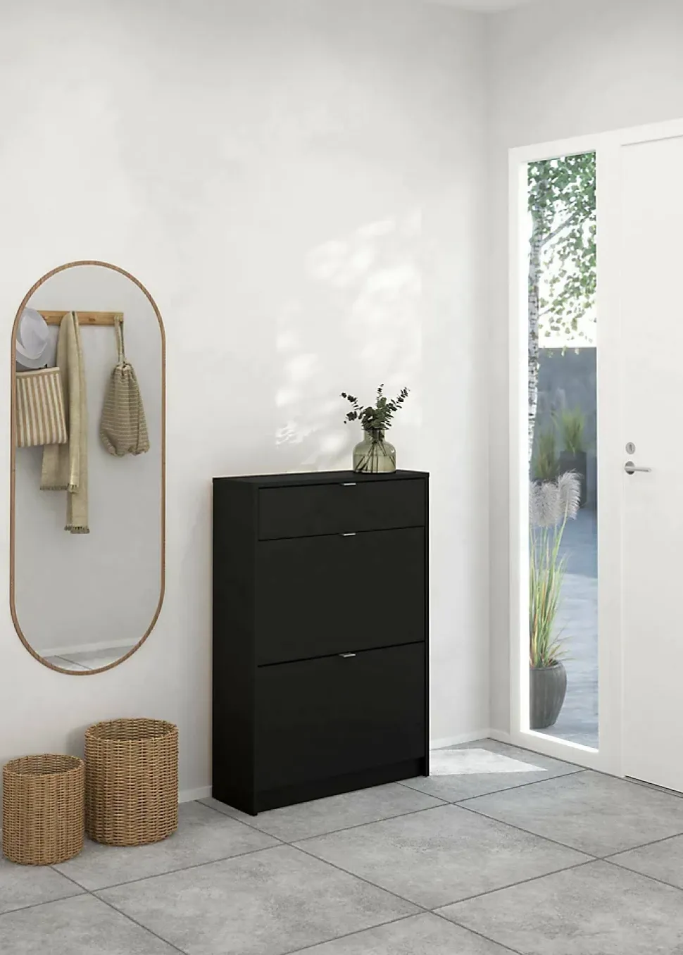 Meuble à chaussures Theophile, Meuble à chaussures, Armoire d'entrée polyvalente, Rangement pour chaussures, 70x24 h101 cm, Noir