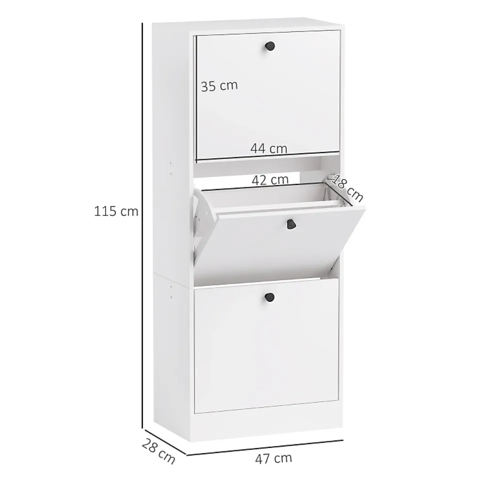 Meuble à chaussures 47x28x115 cm avec 3 portes basculantes et étagères réglables, design moderne blanc