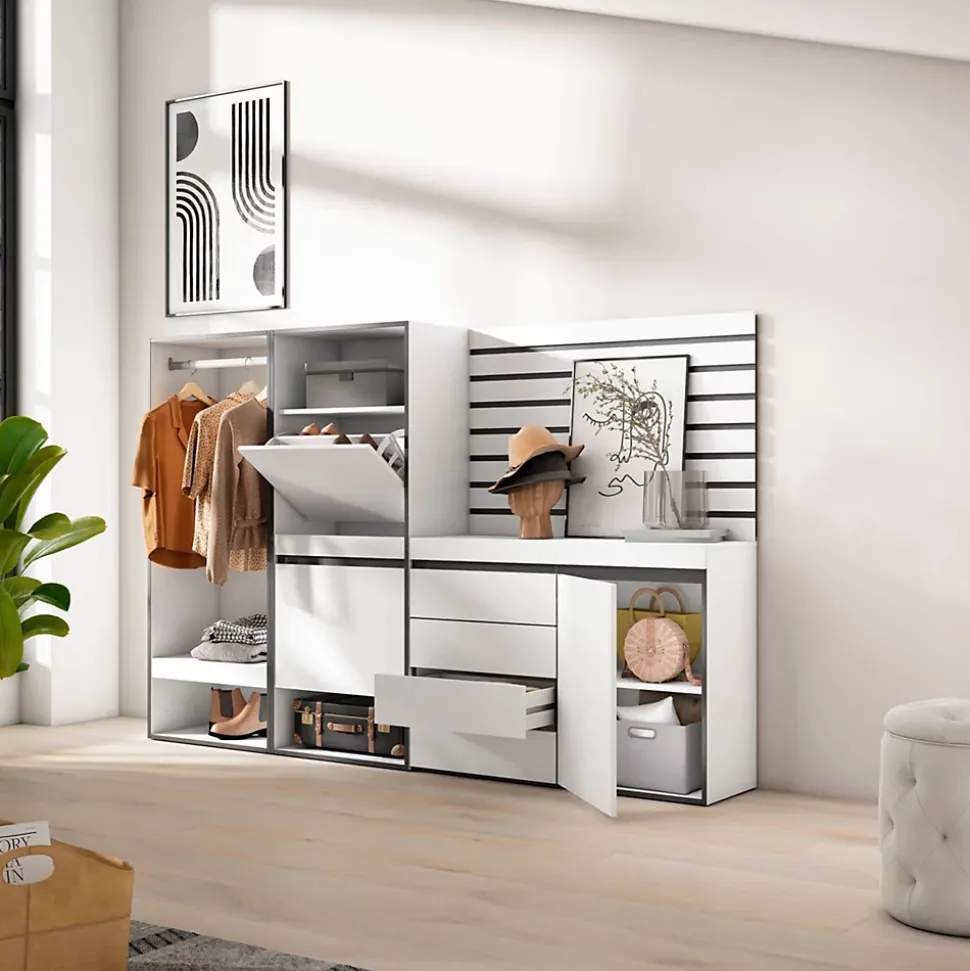 Meuble à chaussures 227x35x145cm vestiaire commode buffet blanc
