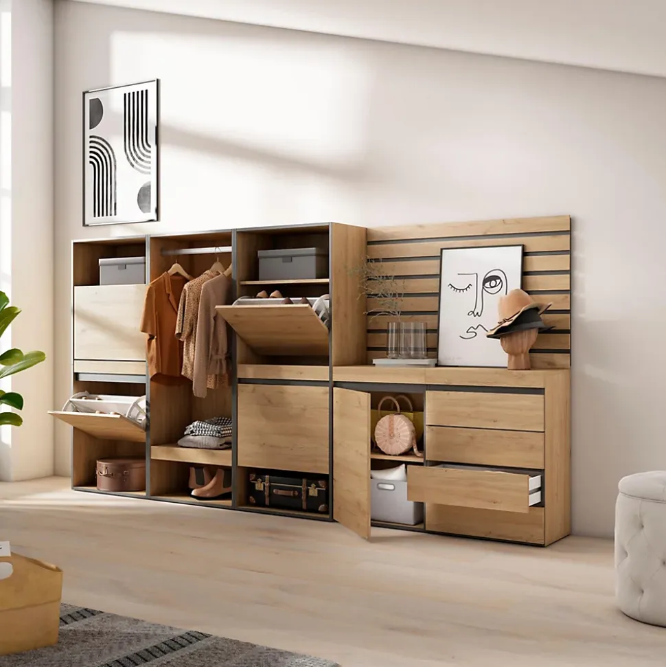 Meuble à chaussures 287x35x145cm vestiaire commode buffet chêne