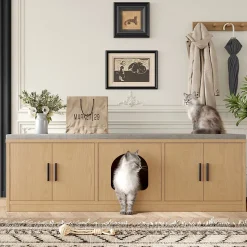 Meuble à chaussures/meuble litière pour chat - 140x40x45,5 cm - Avec griffoir et ventilation - Égères réglables - Naturel