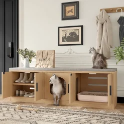 Meuble à chaussures/meuble litière pour chat - 140x40x45,5 cm - Avec griffoir et ventilation - Égères réglables - Naturel